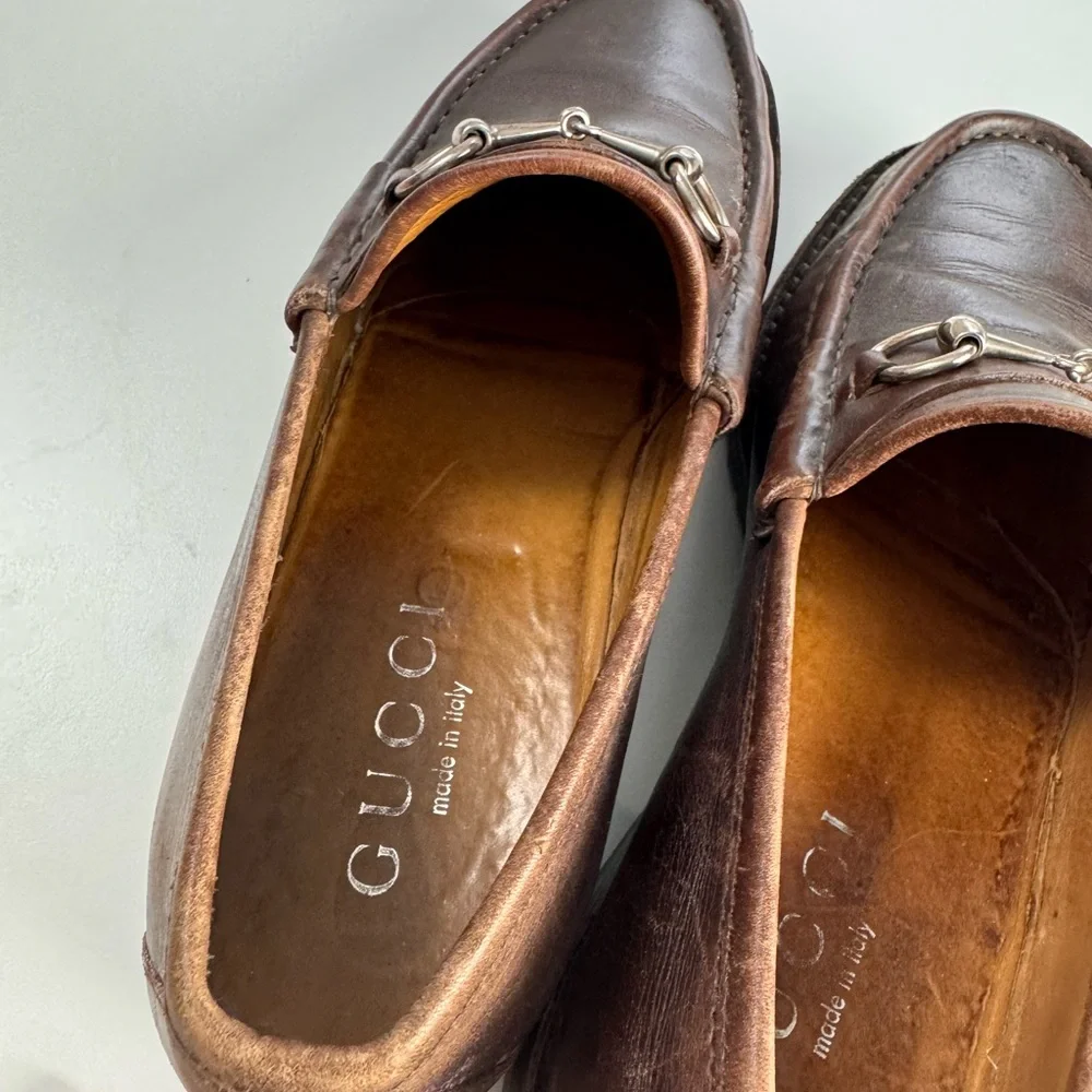 Gucci Horsebit Men's Brown Leather Silver Tone Metal Loafers Shoes 10.5